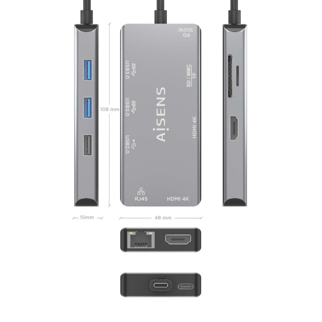 DOCK STATION USB-C 2xHDMI SD/MSD RED 3xUSB-A USB-C PD100W AISENS ASUC-9P018