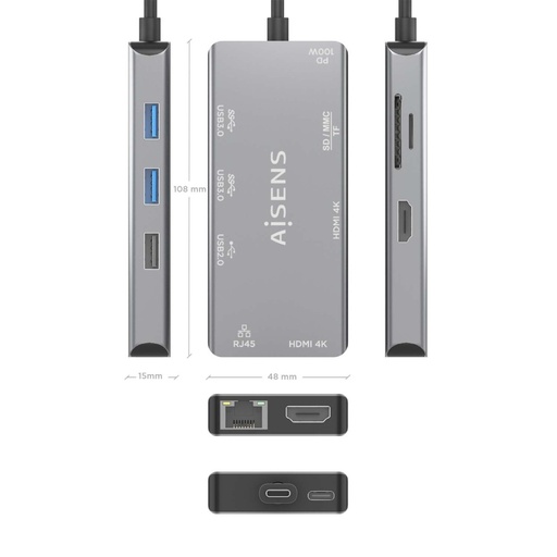 [Z021029] DOCK STATION USB-C 2xHDMI SD/MSD RED 3xUSB-A USB-C PD100W AISENS ASUC-9P018